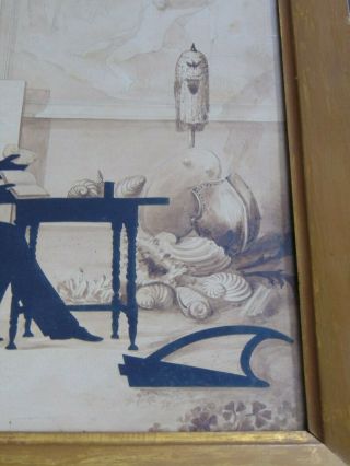c.  1841 EXQUISITE ANTIQUE SILHOUETTE with WATERCOLOR PAINTING BACKGROUND 7