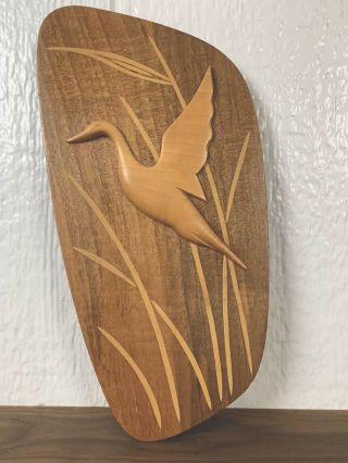 Oberlander Handarbeit Carved Wood Duck In Flight Relief Wall Hanging Mid Century 8