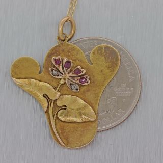1915s Antique Art Nouveau 14K Yellow Gold Diamond Ruby Flower Pendant Necklace 5