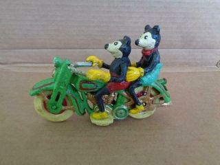 Cast Iron Mickey & Minnie Mouse On 2 Seat Motorcycle Cycle