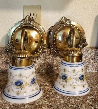 Set Of Two Vintage Brass Sconces And Milk Glass Globes With Blue Flowers