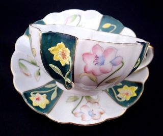 Vintage Merit Tea Cup Saucer Set Made In Occupied Japan Green