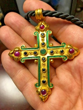 Late 19th Century Jeweled Gold Cross Crucifix 18k Enamel Ruby Emerald Sapphire