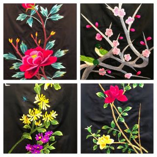 Vintage Set Of 4 Japanese Black Silk Floral Embroidered Panels 26x15 Each