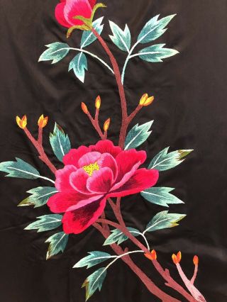Vintage Set of 4 Japanese Black Silk Floral Embroidered Panels 26x15 each 3