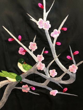 Vintage Set of 4 Japanese Black Silk Floral Embroidered Panels 26x15 each 7