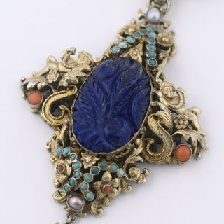 Antique Victorian Austro Hungarian Silver Lapis Coral Turquoise Brooch Pendant