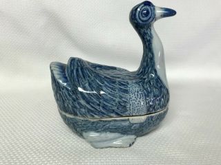 Vintage Porcelain Blue And White Peacock Dish With Lid Asian Marked