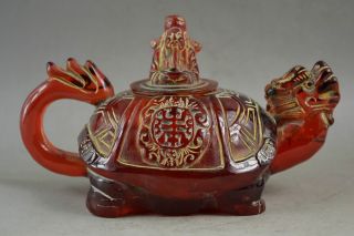 Rare Collectibles Old Handwork Amber Carving Dragon & The God Of Wealth Tea Pot