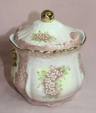 Biscuit Barrel,  England Porcelain Embossed Pattern Hand Painted Signed E.  L.  Smith