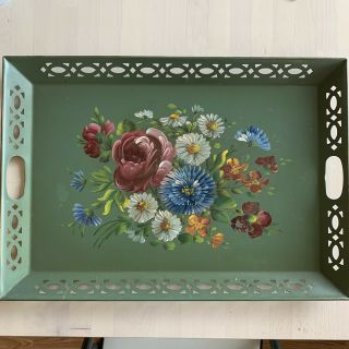 Vintage Nashco Hand Painted Floral Large Sized Tray 23.  25 X 16.  25 " Signed