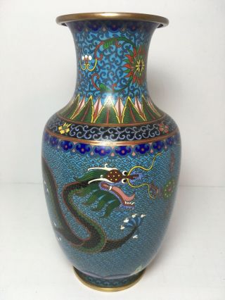 Chinese Cloisonne Enamel Brass Vase Dragon Design 8.  5” Home Decor
