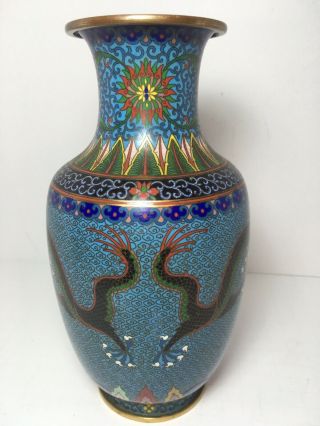 Chinese Cloisonne Enamel Brass Vase Dragon Design 8.  5” Home Decor 8