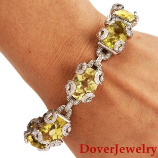 Estate Diamond 107.  85ct Green Quartz 14k White Gold Link Bracelet 79.  9 Grams Nr