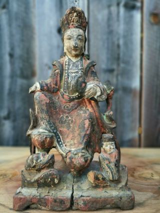 Estate Old Chinese Ming Gold Gilt Lacquer Wood Carved Buddha Asian China