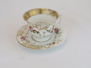 Old Paris Antique Fluted Floral Hand Painted Porcelain Cup And Saucer