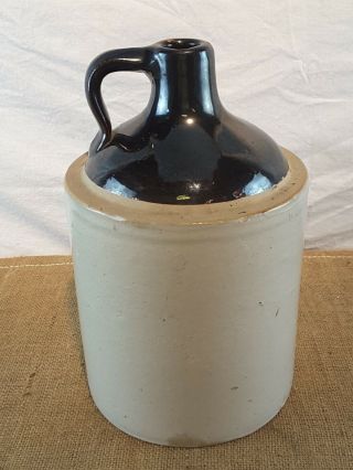 Antique Stoneware Pottery Liquor Wine Jug Two Tone Cream And Brown 1 Gallon