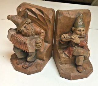 Antique Pr Hand Carved Painted Wood Folk German Gnomes Bremen Musicians Bookends