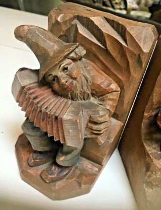 Antique PR hand carved painted wood Folk German Gnomes Bremen musicians bookends 3