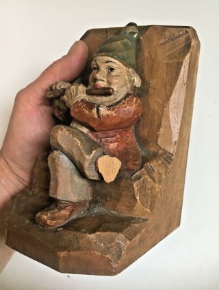 Antique PR hand carved painted wood Folk German Gnomes Bremen musicians bookends 4