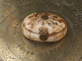 Antique Arabic Middle Eastern Camel Bone Trinket Box Brass Patterns Egg Shape