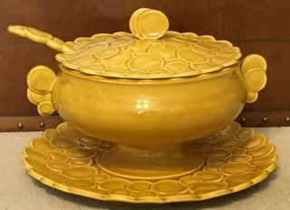 Vintage Ceramic Dark Yellow Circles Soup Tureen,  Ladle,  Underplate Made In Usa