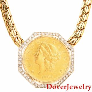 Estate Diamond 18k 14k 22k Gold Coin Pendant Necklace 74.  2 Grams Nr