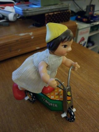 Vintage Tin Wind - Up Toy Girl On Scooter Ms 174 Made In China 1960s Kick