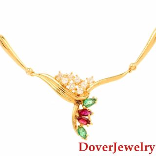 Estate Diamond Ruby Emerald 18k Gold Floral Pendant Link Necklace 15.  5 Grams Nr