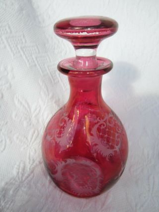 Antique Bohemian Cranberry Art Glass Decanter,  Victorian