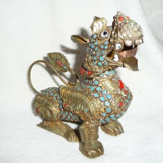 Vintage Antique Chinese Turquoise & Coral Encrusted Foo Dog Lion Incense Burner