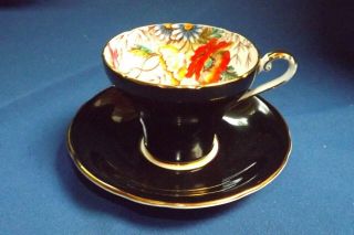 Aynsley Orange Poppies And Daisies Black Oban Tea Cup & Saucer C1723
