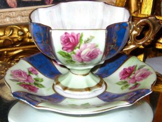 Japan Iridescent Purple Lime Pink Roses Hand Painted Square Tea Cup & Saucer Set