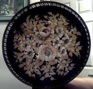 Black Metal Tray Antique Hand Painted Lovely Floral Design Estate Find