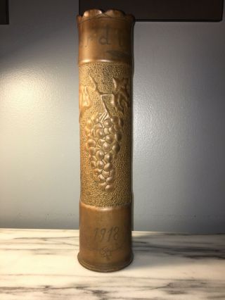 Verdun 1918 World War 1 Metal Brass Bullet Large Antique Vintage Vase 14 Inches