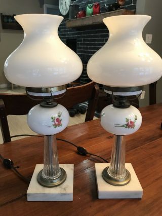 Antique Table Lamps Milk Glass Painted Roses Marble Base 2 (cl)