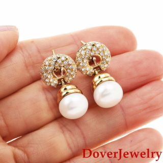 Estate Diamond Pearl 18k Yellow Gold Cluster Dangle Earrings 10.  2 Grams Nr