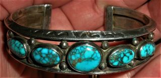 Antique C1930 Navajo Coin Silver Red Mountain Turquoise Carinated Bracelet Vafo