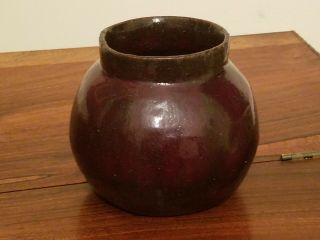 Vintage Antique Small Dark Brown Glazed 4 1/2 " High Redware Pot Crock