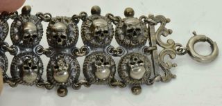 RARE Antique Victorian silver MEMENTO MORI 28 SKULLS ladies Bracelet c1890 ' s 5