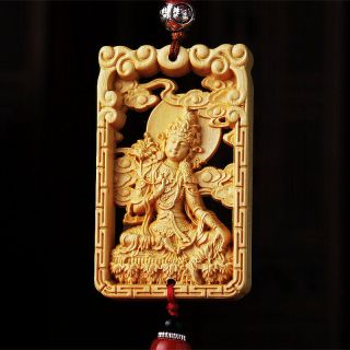 Hollow Out Wood Carved Chinese Green Tara Guan Kwan Yin Double Sides Car Pendant