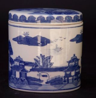 Chinese Blue & White Porcelain Oval Jar with Lid 2