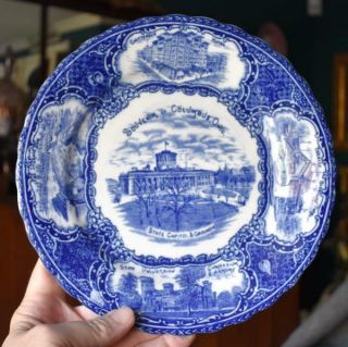 Lovely Antique English Flow Blue Columbus Ohio Souvenir Cabinet Plate