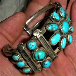 Antiqe C1910 Navajo Ingot Coin Silver Bracelet Turquoise Cluster Stamp Vafo