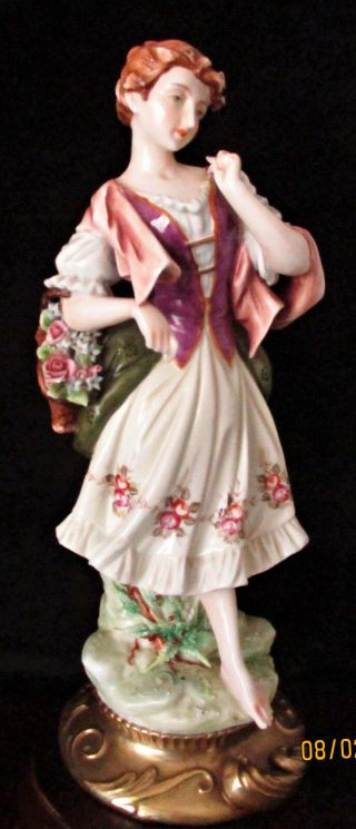 Antique Figurine " Maiden Carrying Flower Basket " 35.  5cm Or 14 " High Ex Cond