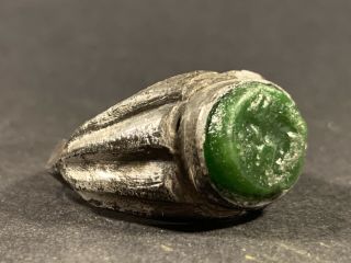 Ancient Roman Silver Ring With Green Intaglio Gem Seal Insert Circa 200 - 300ad