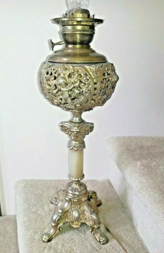 Lg 19thc Antique Art Nouveau Cupid Figural Banquet Oil Lamp Onyx Mixed Metal