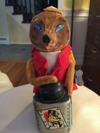 Vintage Textured Cloth Litho Fox Magician Wind Up Tin Toy Japan