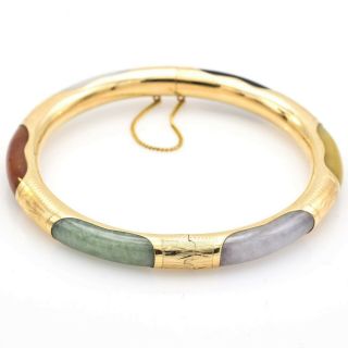 Vintage 14k Yellow Gold Multi - Color Jade Hinged Bangle Bracelet 23.  4 Gr