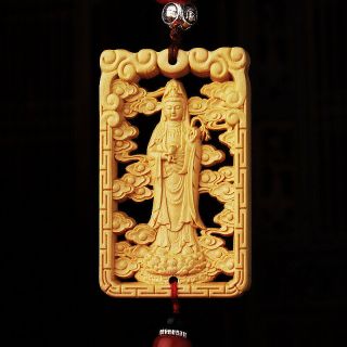 Hollow Out Wood Carved Chinese Guan Yin Buddha Statue Double Sides Car Pendant